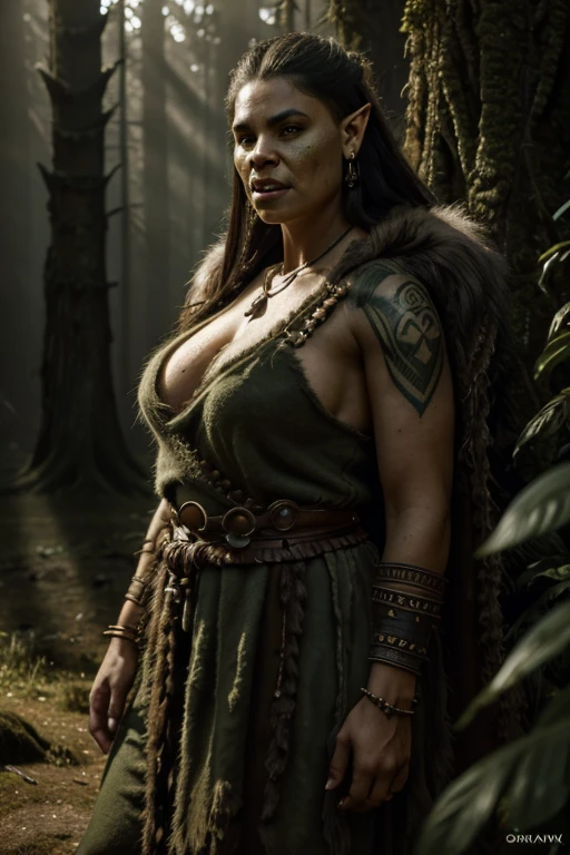 Young orc woman, big fangs, female orc, (green skin) , peaceful expression, dirty clothes and hair, wool and fur clothes, (wearing dirty linen dress), bone jewelry, forest background, natural lighting, tribal tattoos, big body, highly detailed, 4k, photorealistic, dramatic lighting, cinematic, fantasy art, ultra high quality, sharp Focus, orczor