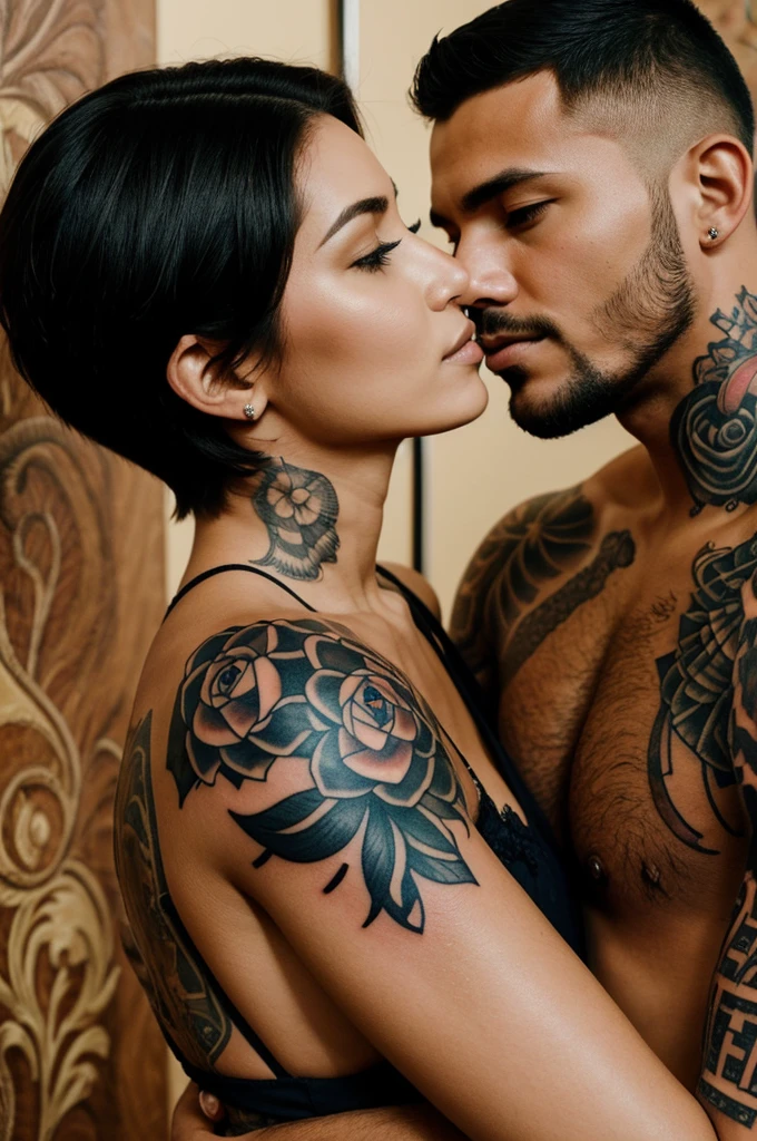 Couple in a deep embrace and kiss, Woman with short hair, Man tattooed, Eye contact, hot, love, Koala-Tapete