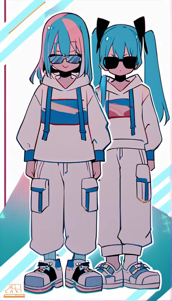 2 people、Hatsune miku、Miku、Twin tails、Long light blue hair、Are standing、cool、Black horizontal sunglasses、Opaque sunglasses、White platform sneakers、White Cargo Pants、Baggy clothes、pop、Pop image quality、pop、Grainy-looking image quality、cute、Are standing、View from a little below、whole body、White background、
