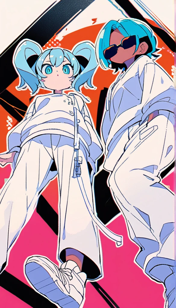 2 people、Hatsune miku、Miku、Twin tails、Long light blue hair、Are standing、cool、Black horizontal sunglasses、Opaque sunglasses、White platform sneakers、White Cargo Pants、Baggy clothes、pop、Pop image quality、pop、Grainy-looking image quality、cute、Are standing、View from a little below、whole body、White background、