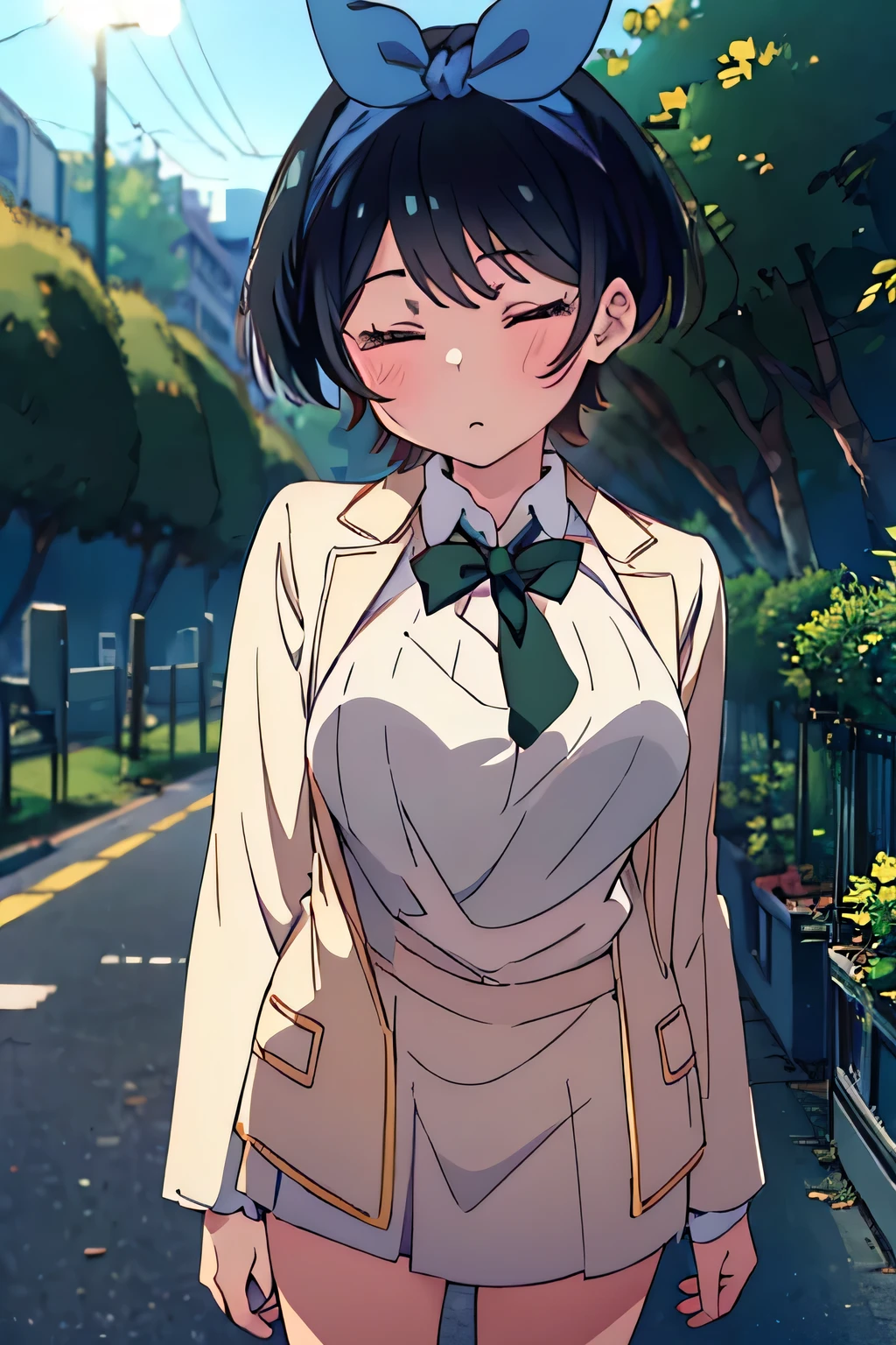 highest quality, highest Detail, ((top quality)), ((masterpiece)), ((perfect face)), (ultra detail), sharp focus, depth of field, cinematic lighting, detailed outfits, lots of details and textures, 8k Anime,((best quality)), (detailed), 1girl, half naked, Ruka Sarashina asleep standing still, eyes closed, full body, park at night