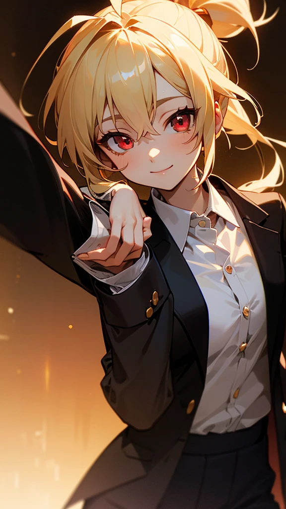 1 Girl、8K、Sharp focus、(Bokeh) (Highest quality) (Detailed skin:1.3) (Intricate details) (anime)、 years old、Blonde ponytail、Ahoge、Beautiful red eyes、smile、White shirt、Black work trousers、Black Fitted Blazer、Slender body、Upper body close-up、Golden Hour Sky