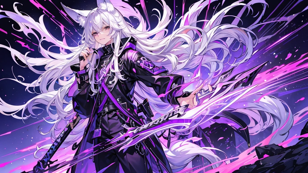 Handsome teenager，Silvery white hair，Has fox ears，Sword in both hands，On his back is a purple nine-tailed fox，Purple lightning effect