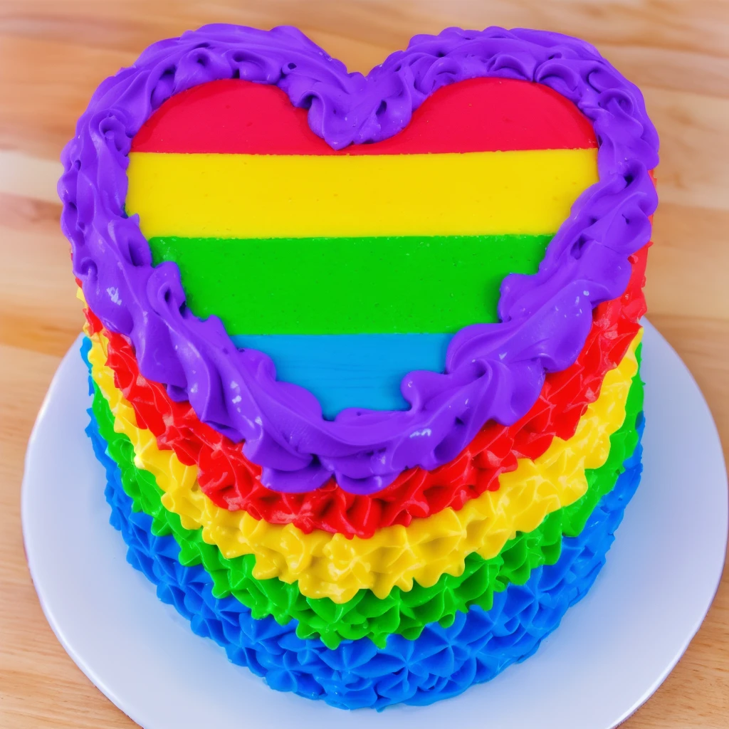 on a wooden table, there is a white plate with a heart cake , rainbow cream heart cake ( star shaped) , multi-colored heart on top, decorated with purple cream, cream with highlights, view from above,  Beautiful light from the window, beautiful lighting, bright announcement, Multiple light sources, Realistic style, realistic textures, high quality, high detail, detailed textures, ultra 4k hd, macro photography