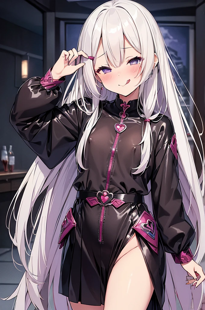 (((Characteristic clothing))),(((high quality))),Unshaven,(((((Pubic hair heart pattern))))), Cloudy eyes,Anime Style,Long Tongue,Sticking out tongue,Obscene lines,Fatty face,Fallen into evil,Sexual,clumsy smile,Unshavenの髪,((Long hair that covers the eyes)),transformation