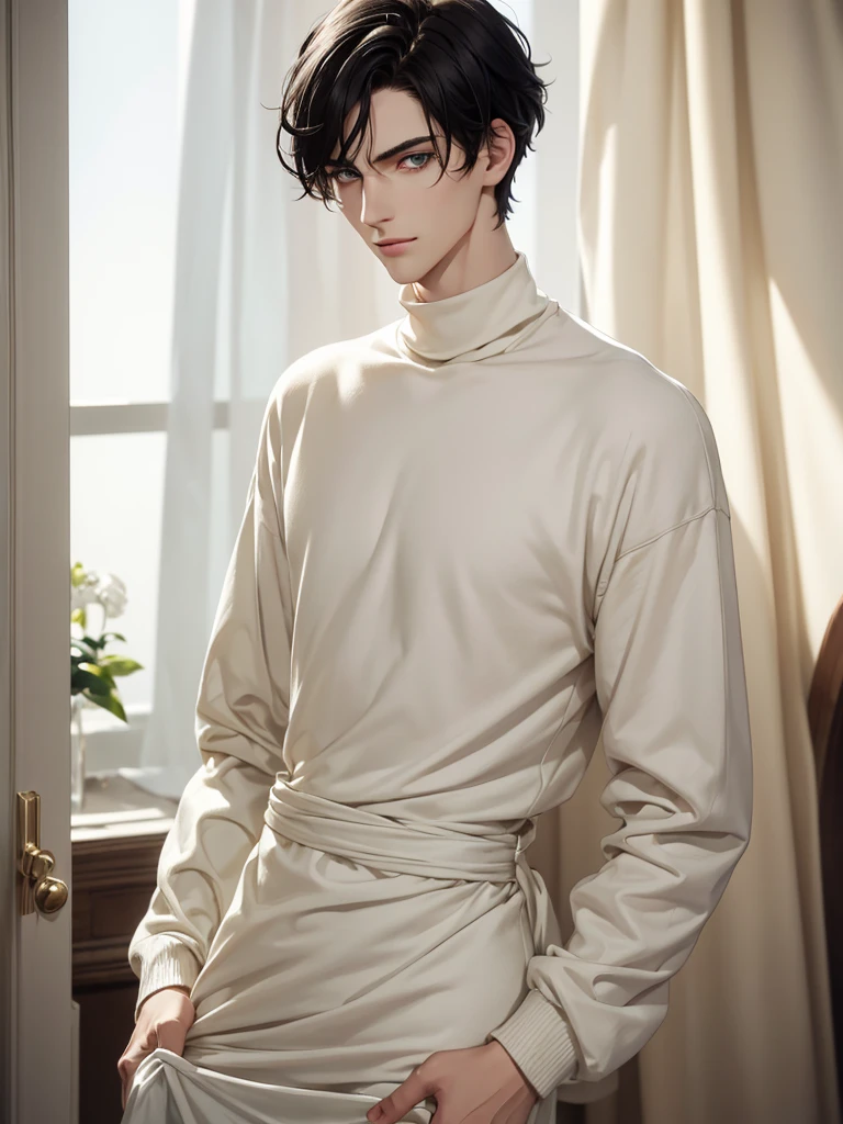 (best quality), 1boy, pale skin, black hair, short hair, curtain hair, tousled hair, green eyes, perfect eyes, dark circles under eyes, tall, slender, handsome, strong jawline, lazy, light smile, attractive, turtleneck sweater, masterpiece, anatomically correct, highres
