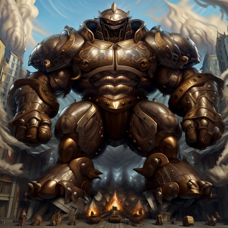 SOLO (masterpiece. official art. 8k. best quality. detailed full body. full body.)
(situation 1 : dominating Armored Flazzard. Armored Flazzard is over 1000 meters long. focus GIANT mechanical Muscular Armored Flazzard is trampling the city. Looking down. macro. stomp. Low-angle perspective. emphasizing the immense size.)
(situation 2 :smoke and flames rising from the destruction in the city)
(Additional details 1: real texture material. whole body shines like metal. emphasizes the muscles. suit fully made of metal.).
(Additional details 2: Detailed head. Detailed Body. Detailed abs. gigantic muscles. HYPER MUSCLES. Gigachad Muscular. big muscle. pecs. triceps. traps. unusually developed muscular body. body full of huge muscles. showing off muscles. pectorales enormes. Exaggeratedly huge muscles. huge muscles. long legs.).
his back he wears a golden cloak.
