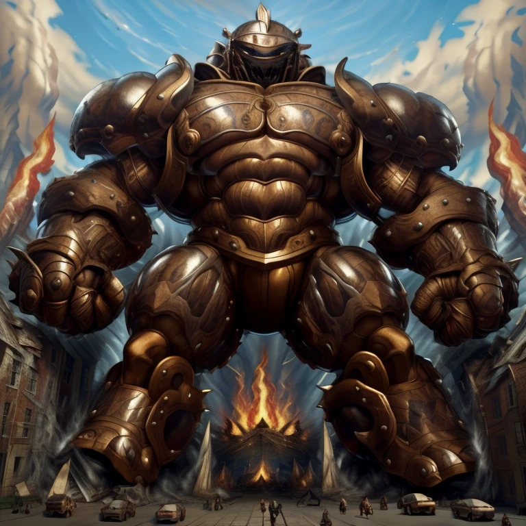 SOLO (masterpiece. official art. 8k. best quality. detailed full body. full body.)

(situation 1 : dominating Armored Flazzard. Armored Flazzard is over 1000 meters long. focus GIANT mechanical Muscular Armored Flazzard is trampling the city. Looking down. macro. stomp. Low-angle perspective. emphasizing the immense size.)

(situation 2 :smoke and flames rising from the destruction in the city)

(Additional details 1: real texture material. whole body shines like metal. emphasizes the muscles. suit fully made of metal.).

(Additional details 2: Detailed head. Detailed Body. Detailed abs. gigantic muscles. HYPER MUSCLES. Gigachad Muscular. big muscle. pecs. triceps. traps. unusually developed muscular body. body full of huge muscles. showing off muscles. pectorales enormes. Exaggeratedly huge muscles. huge muscles. long legs.).
his back he wears a golden cloak.