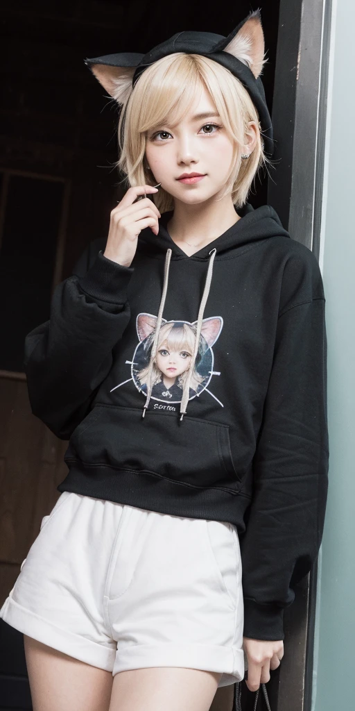 (masterpiece), (highest quality), (illustration), (super detailed), (high resolution), absurdity, one girl, (kagamine-rin), (vocaloid), smile, short hair, hair clip, (hoodie with cat ears), wearing a hoodie hat, moe sleeves, blush, black shorts, (blonde), (tattoo of the number 02 on the left arm), very cute girl, small, young, delicate, Outdoors, attention to girls