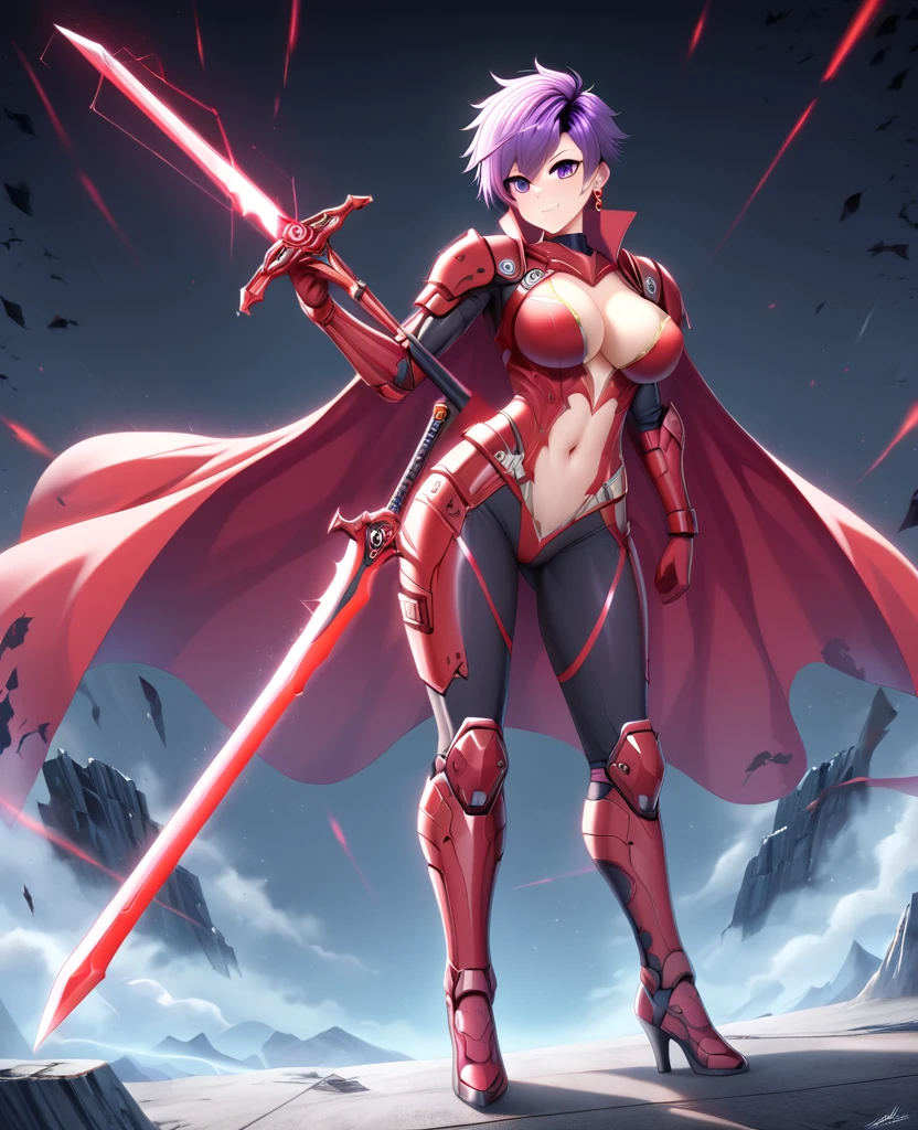 Woman in a futuristic suit, Very detailedな顔, Nice, Mother, Tomboy, Very large breasts, Combat Uniform, Cyber Suit, Anime girl in a tight suit, Milfication, Elegant body, Focus on the navel, gloves, Earrings, foot armor, sf, Female protagonist, Are standing, Volumetric Light, Detailed lighting, Detailed Texture, BoobsCyberpunk, Biomechanical , masterpiece, Top quality eyes, sfの背景, Futuristic landscape、Finding、Ultra-realistic, Ultra-realistic, Very detailed, (Cyber Samurai, ((alone)), attack with red sword, Wearing red armor and a mask, Cape, Shineing beautiful purple eyes, Shine:1.3) (Shineing simple black background:1.25),