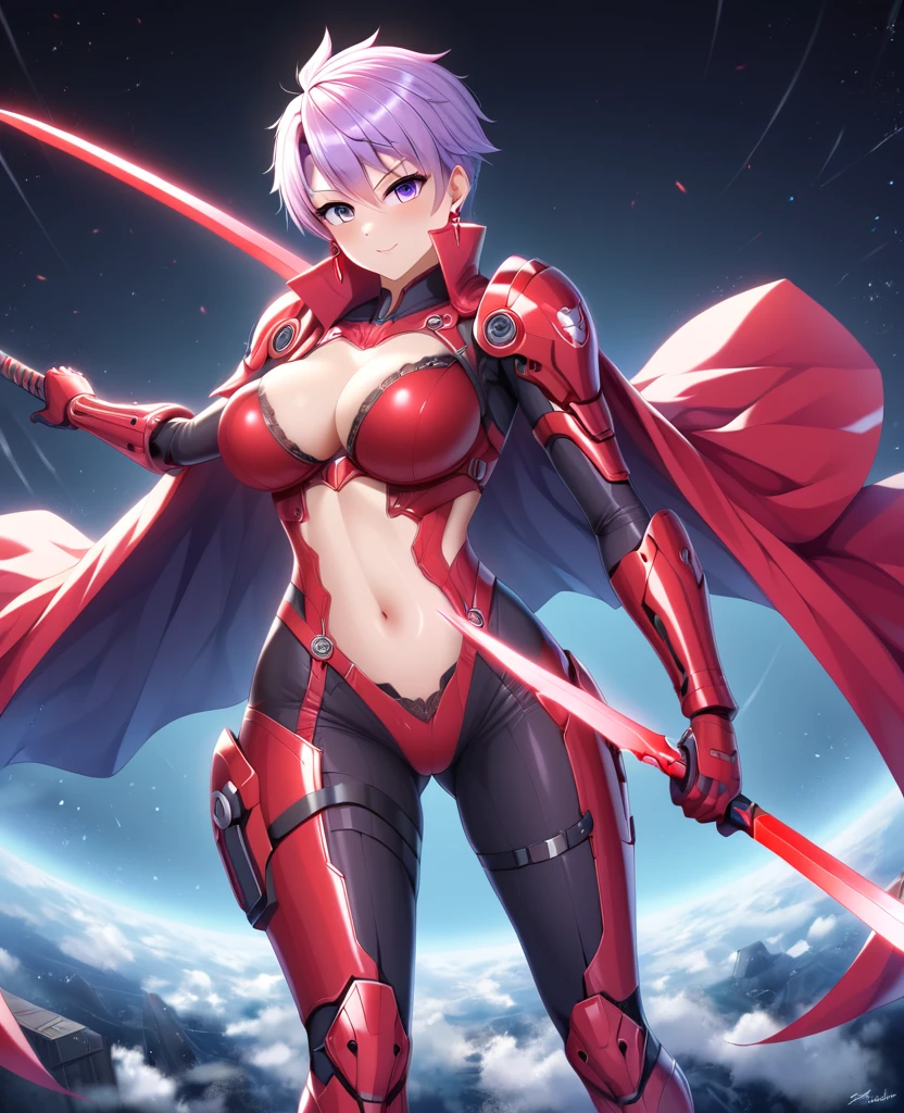 Woman in a futuristic suit, Very detailedな顔, Nice, Mother, Tomboy, Very large breasts, Combat Uniform, Cyber Suit, Anime girl in a tight suit, Milfication, Elegant body, Focus on the navel, gloves, Earrings, foot armor, sf, Female protagonist, Are standing, Volumetric Light, Detailed lighting, Detailed Texture, BoobsCyberpunk, Biomechanical , masterpiece, Top quality eyes, sfの背景, Futuristic landscape、Finding、Ultra-realistic, Ultra-realistic, Very detailed, (Cyber Samurai, ((alone)), attack with red sword, Wearing red armor and a mask, Cape, Shineing beautiful purple eyes, Shine:1.3) (Shineing simple black background:1.25),