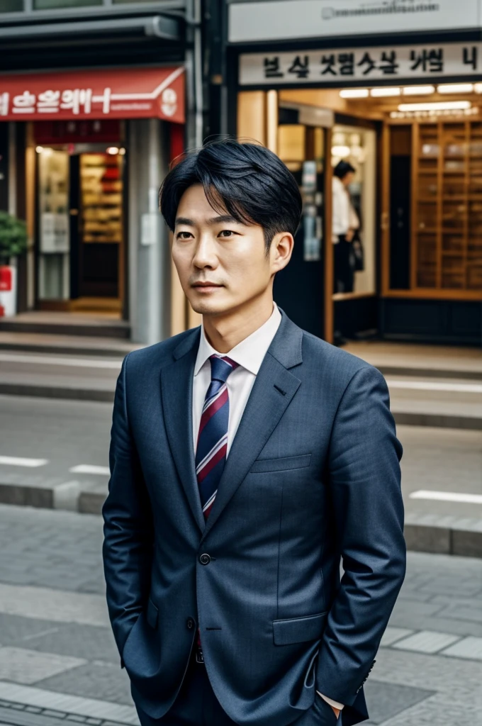 a korean man, in his forties, he looks tired but dresses nicely, in the background you can see a german city
