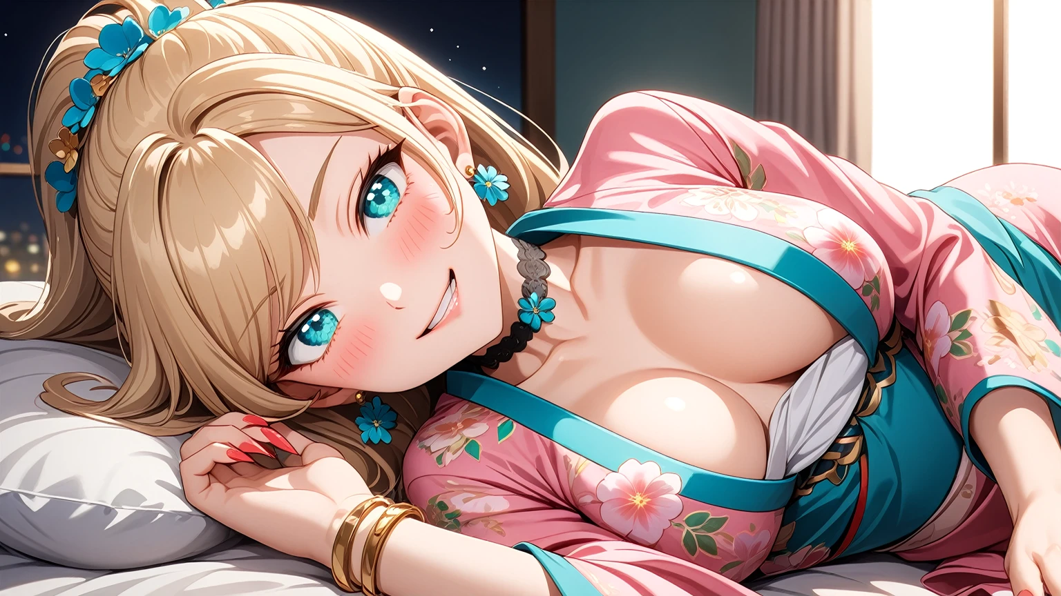 ((One personの女性)), Beautiful Face,(Laughing embarrassedly), (naughty face:1.2), ((Wink:1.9)), (head tilt:1.3), Laughing with your mouth open, upper teeth, ((full-face blush:1.5)), looking at viewer, Glossy Red Lips, (Shining Face), ((Anime style background)) , Night view and fireworks, On a bed in a luxury hotel, ((Lying in bed:1.8)), masterpiece, Highest quality, so beautiful,up to date, Complex details, (Pink sharp claws),(ring),(bracelet),(choker),AI-generated, Complex,High resolution, Highest quality, super high quality,3D Images、3D Images,One person,Long blonde hair,ponytail, wavy hair ,写真のポーズをとるAnime Women, ((Fine grain、Turquoise Eyes、Shining Eyes:1.3)), (Squint your eyes:1.1),a hyperRealistic , hyperRealistic , Realistic,Anime Women, Smooth anime CG art, A woman in a colorful kimono with gold embroidery, (Pink long sleeve kimono),Red floral pattern,Long flower hair ornament,Earrings,Mature Body,(Big Breasts:1.1),Tall,Abdominal muscles,Tight waist, ((front view)),
