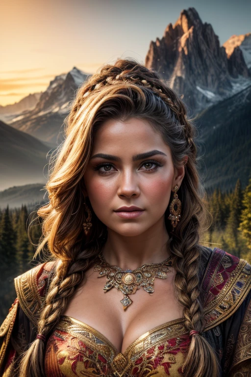 A beautiful, intricate portrait of a dwarven woman, delicate facial features, piercing eyes, full lips, intricate hairstyle with braids and jewels, wearing an ornate, detailed dress with intricate embroidery and patterns, delicate (beard), facial hair, set against a fantasy landscape background with mountains, forests, and a glowing sky, (best quality,4k,8k,highres,masterpiece:1.2),ultra-detailed,(realistic,photorealistic,photo-realistic:1.37),concept art, cinematic lighting, dramatic shadows, glowing warm colors, rich textures