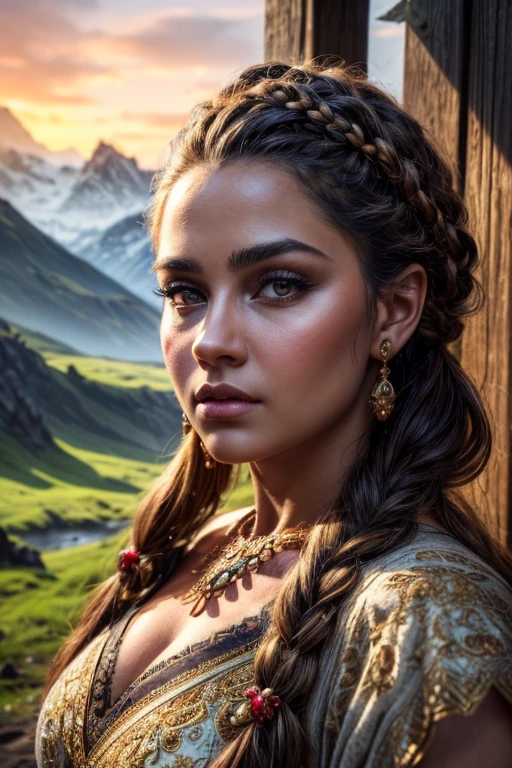 A beautiful, intricate portrait of a dwarven woman, delicate facial features, piercing eyes, full lips, intricate hairstyle with braids and jewels, wearing an ornate, detailed dress with intricate embroidery and patterns, delicate (beard), facial hair, set against a fantasy landscape background with mountains, forests, and a glowing sky, (best quality,4k,8k,highres,masterpiece:1.2),ultra-detailed,(realistic,photorealistic,photo-realistic:1.37),concept art, cinematic lighting, dramatic shadows, glowing warm colors, rich textures