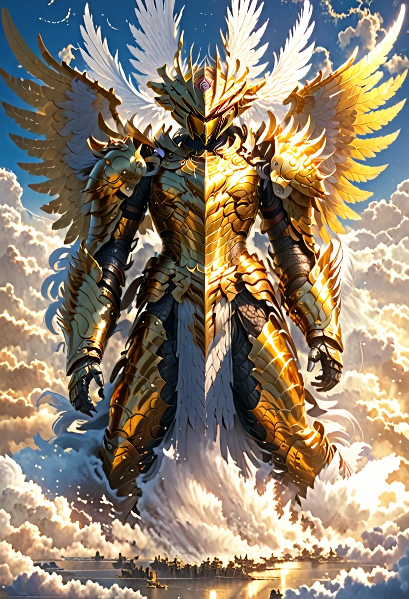 A god with golden armor. Big furious wings. Fly in the sky.