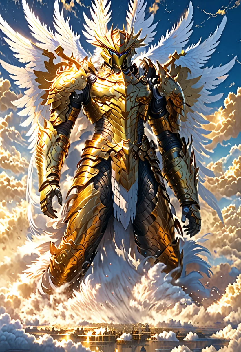 A god with golden armor. Big furious wings. Fly in the sky.