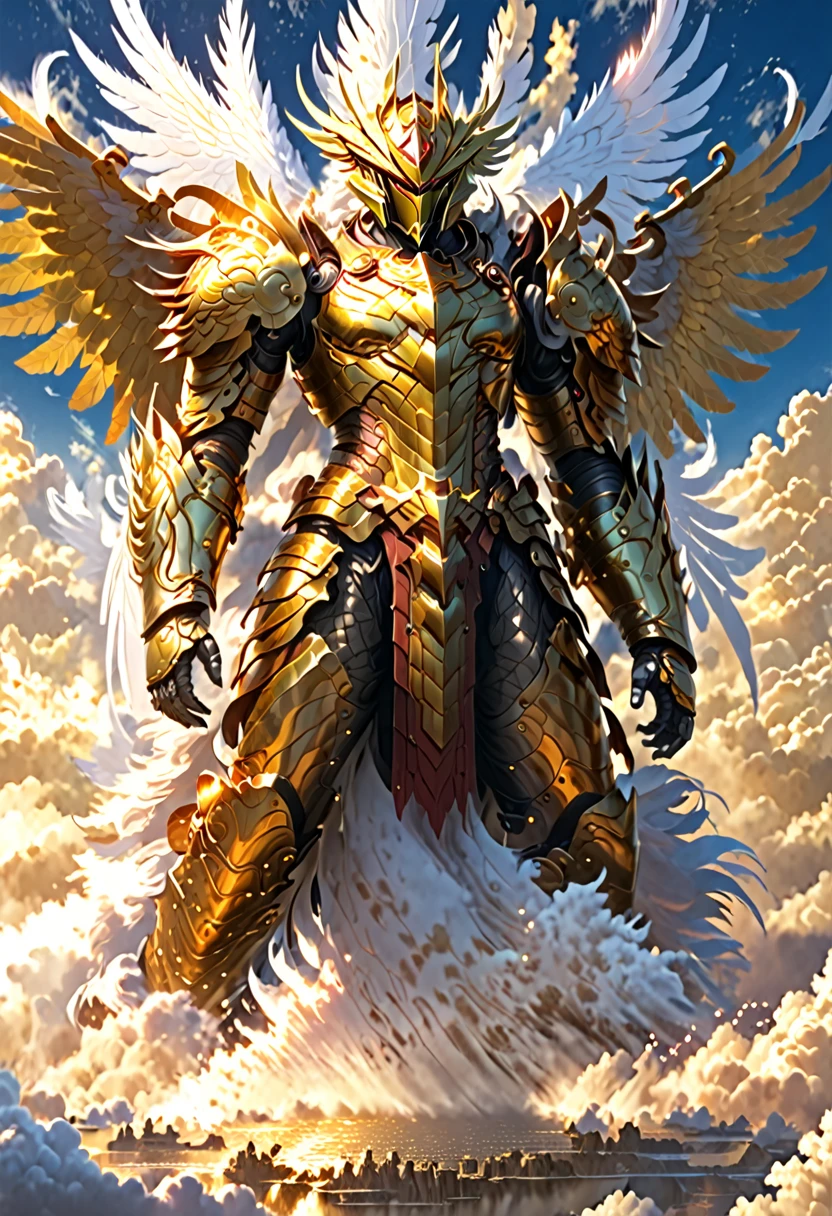 A god with golden armor. Big furious wings. Fly in the sky.