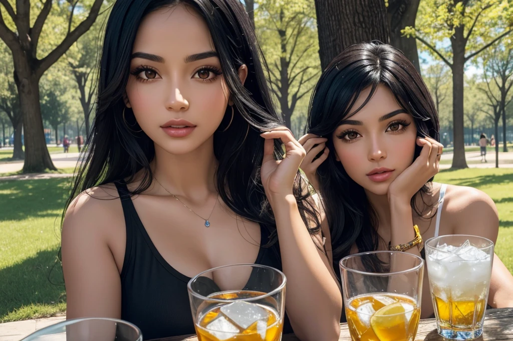 Create a Latin woman with black hair, brown eyes, with a glass of water and ice inside the glass, in a park with trees around