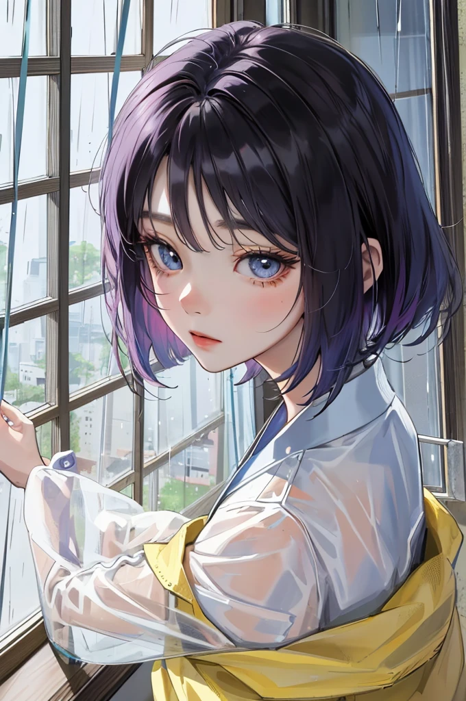 Absurd, masterpiece, Highest quality, Bright colors, Beautiful Korean women in webtoons, ((Looking outside by the window on a rainy day)) , Beautiful short bob hair , Characters in Korean dramas, Anime Eyes, Semi-casual attire, masterpieceの背景, Detailed Background