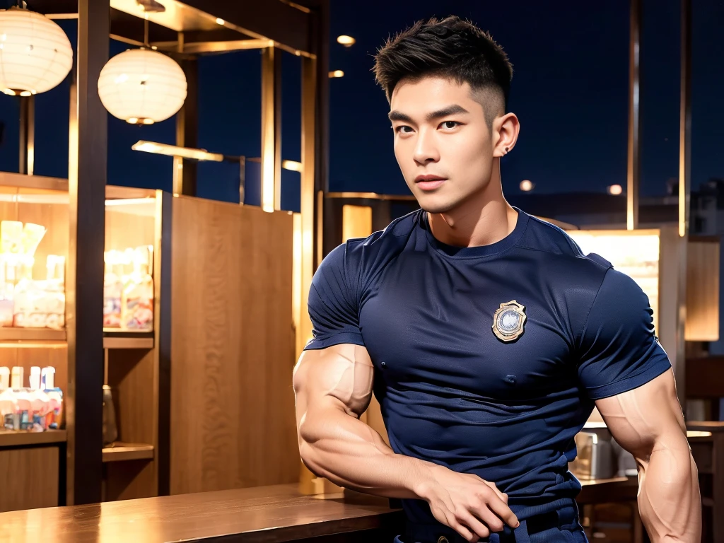 korea male male model sit on the table , big muscles, handsome, cool, smoothly combed hair, pierced ears, wearing a t-shirt navy top, holding a lollipop, portraiture, modeling, dynamic pose, Japanese street, late at night, store lights trade, full half body shot  ,(open mouth:1.2), fullbodypolice officer, Korean Men ,facial hair, Full body, ,(Police badge) ,(Torn navy round neck shirt), (Navy blue round neck shirt.), (Abrasions on the body....: 1.3), (Navy Cargo Pants: 1.3), Short Hair Hair, (High shadow detail),Pectoral muscles, Big arm muscles, blood vessel, Big muscles, Wide shoulders, Abrasions on the body...., Abrasions on the face, nighttime , fire truck