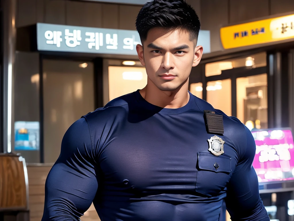 korea male male model sit on the table , big muscles, handsome, cool, smoothly combed hair, pierced ears, wearing a t-shirt navy top, holding a lollipop, portraiture, modeling, dynamic pose, Japanese street, late at night, store lights trade, full half body shot ,(open mouth:1.2), fullbodypolice officer, Korean Men ,facial hair, Full body, ,(Police badge) ,(Torn navy round neck shirt), (Navy blue round neck shirt.), (Abrasions on the body....: 1.3), (Navy Cargo Pants: 1.3), Short Hair Hair, (High shadow detail),Pectoral muscles, Big arm muscles, blood vessel, Big muscles, Wide shoulders, Abrasions on the body...., Abrasions on the face, nighttime , fire truck