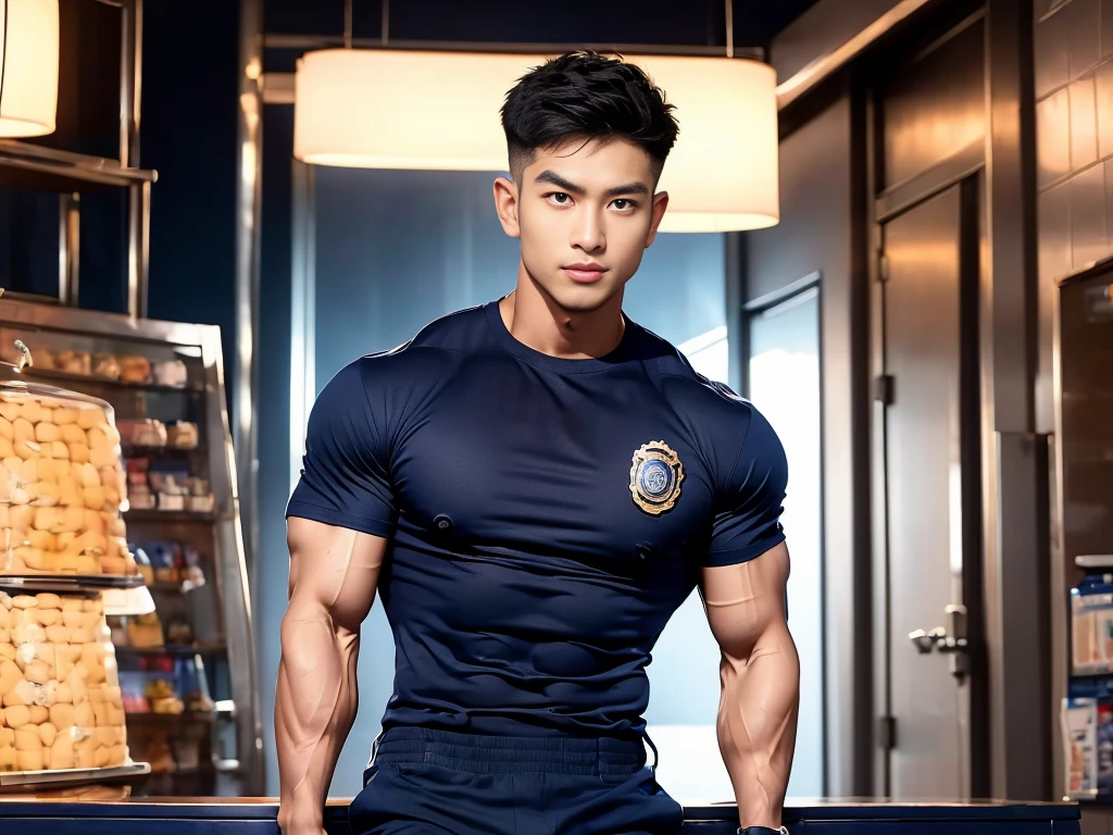 korea male male model sit on the table , big muscles, handsome, cool, smoothly combed hair, pierced ears, wearing a t-shirt navy top, holding a lollipop, portraiture, modeling, dynamic pose, Japanese street, late at night, store lights trade, full half body shot ,(open mouth:1.2), fullbodypolice officer, Korean Men ,facial hair, Full body, ,(Police badge) ,(Torn navy round neck shirt), (Navy blue round neck shirt.), (Abrasions on the body....: 1.3), (Navy Cargo Pants: 1.3), Short Hair Hair, (High shadow detail),Pectoral muscles, Big arm muscles, blood vessel, Big muscles, Wide shoulders, Abrasions on the body...., Abrasions on the face, nighttime , fire truck