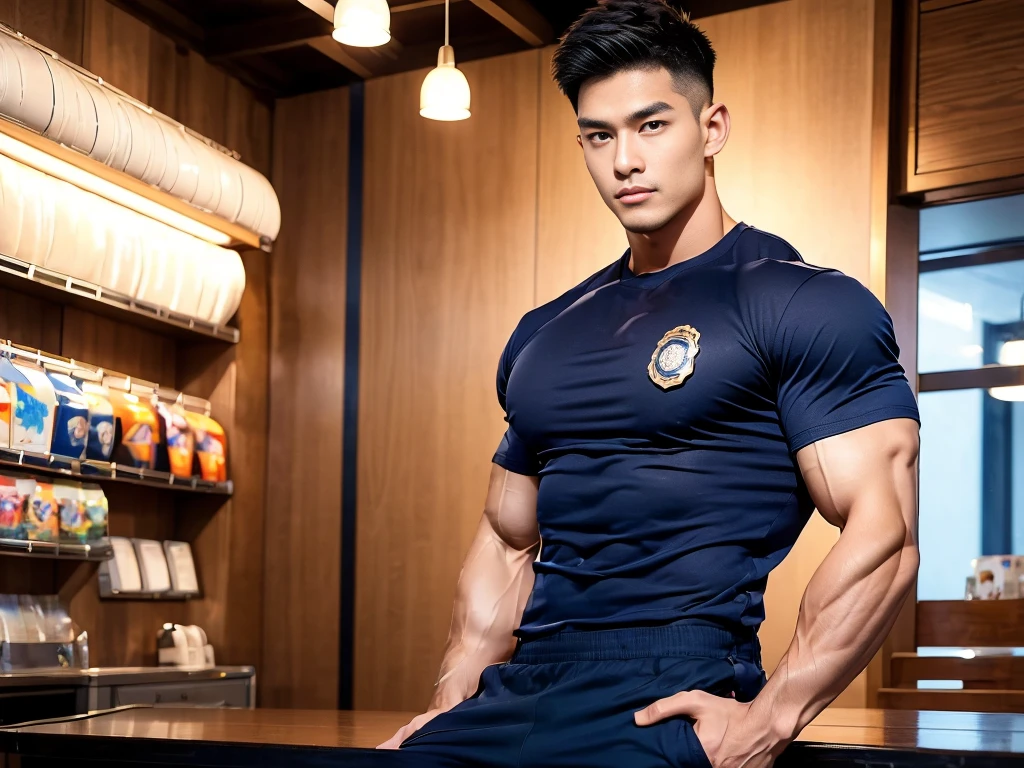 korea male male model sit on the table , big muscles, handsome, cool, smoothly combed hair, pierced ears, wearing a t-shirt navy top, holding a lollipop, portraiture, modeling, dynamic pose, Japanese street, late at night, store lights trade, full half body shot  ,(open mouth:1.2), fullbodypolice officer, Korean Men ,facial hair, Full body, ,(Police badge) ,(Torn navy round neck shirt), (Navy blue round neck shirt.), (Abrasions on the body....: 1.3), (Navy Cargo Pants: 1.3), Short Hair Hair, (High shadow detail),Pectoral muscles, Big arm muscles, blood vessel, Big muscles, Wide shoulders, Abrasions on the body...., Abrasions on the face, nighttime , fire truck