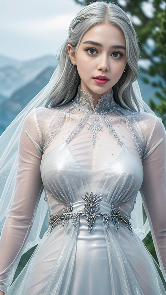 HDR 10, beautiful girl, detailed eyes, detailed lips, very long hair, silver hair, ultra detailed texture, water drops, outdoors, game of thrones, silver see through dress, (high detailed silver see through dress:1.5), lace, loops, soft lighting, attractive poses,bare breast, small nipple, red lips