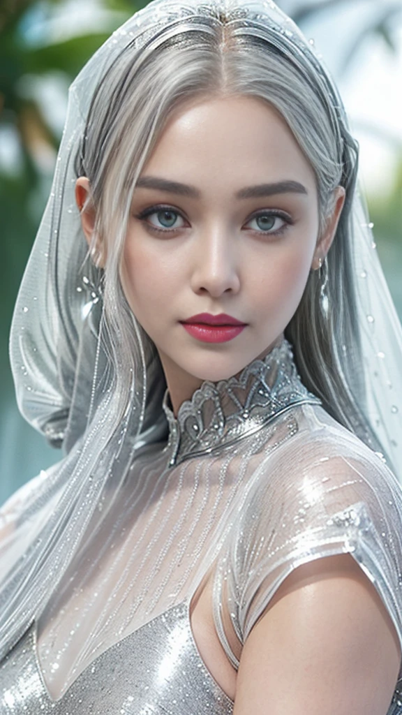 HDR 10, beautiful girl, detailed eyes, detailed lips, very long hair, silver hair, ultra detailed texture, water drops, outdoors, game of thrones, silver see through dress, (high detailed silver see through dress:1.5), lace, loops, soft lighting, attractive poses,bare breast, small nipple, red lips