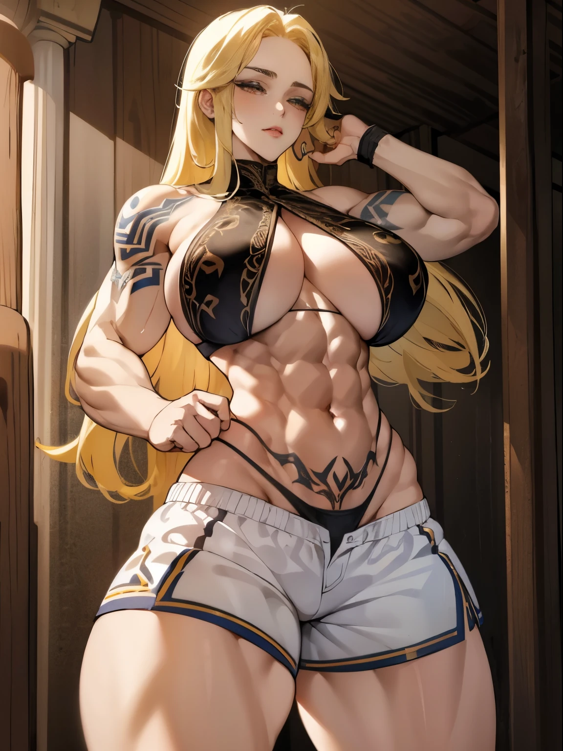 Very detailed、highest quality、Best image quality、masterpiece、8k、Sparkling Blue Eyes、Anime Face、A kind smile、Open Mouth、(Blonde waist-length hair:1.2)、(SFW Giant)、Cowboy Shot、(Thong:1.5)、(Muscles of the whole body)、Horn、(topless:1.5)