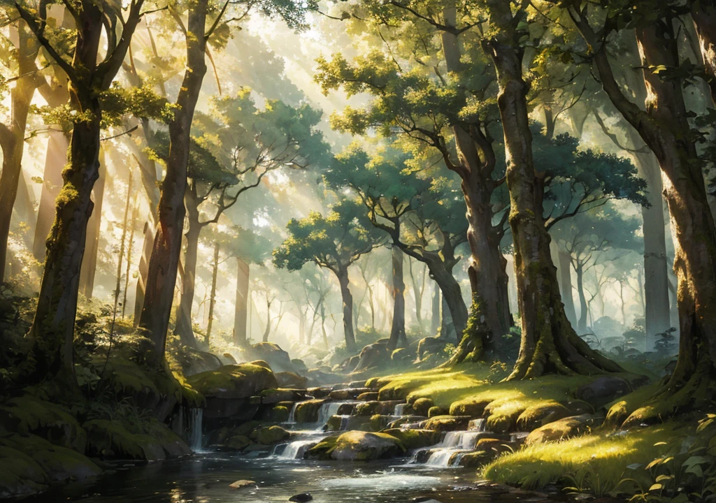 Sunlit Enchanted Forest
“Create a summer fantasy landscape of an enchanted forest bathed in golden sunlight. Tall, ancient trees with thick, lush canopies provide patches of shade, while beams of sunlight filter through the leaves. The forest floor is covered in vibrant wildflowers, moss, and small, sparkling streams. There are no characters, just the serene beauty of the forest in summertime.”