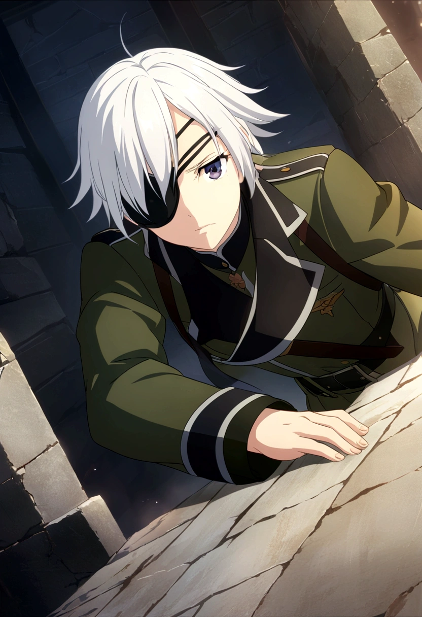 Depth of written boundary, Movie angle, CG, 8k wallpaper, , black,uniform,military cap,black色,Silver Hair,left eye,Eye patch, mask, knife