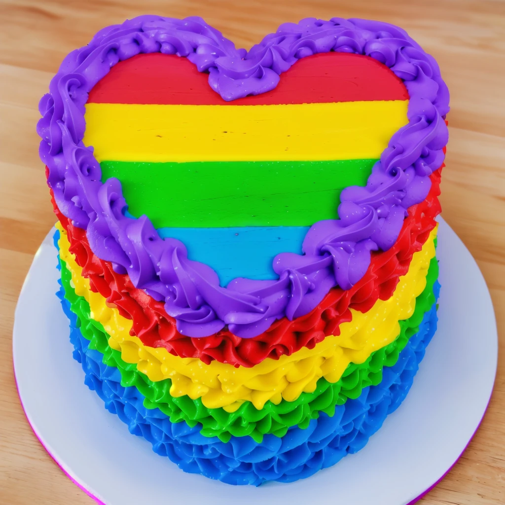 on a wooden table, there is a white plate with a heart cake , rainbow cream heart cake ( star shaped) , крем сделан star shaped, multi-colored heart on top, decorated with purple cream, cream with highlights, view from above, Beautiful light from the window, beautiful lighting, bright announcement, Multiple light sources, Realistic style, realistic textures, high quality, high detail, detailed textures, ultra 4k hd, macro photography