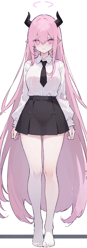 (((Long Pink hair))),Pink hair,kawai,(((Eyes visible from bangs,hair over eyes:1.3))),,Huge breasts,(purple color eyes),,(purple slanted eyes),1girl in,bangs,long White hair, pantyhose,Cowboy Shot,white background,Straight hair hair,(On both sides of the head has sharp black devil horns) ((head bowed pose)) Ter's hair flows straight down, has two sharp black horns (slant purple eyes) (((wearing a perfect white shirt))) white shirt sleeves should be folded to the elbows ((Don't wear any ties (wear a black skirt,) (showing her bare thighs) Long black skirt split at the thighs, perfect white shirt, no accessories like a tie (sexy body) Bare thighs without wearing any socks, The character's body is visible from head to ankle, ((Tall slim perfect body)) (tight black skirt) full body full body full body full body (Full body image) legs wearing a short white loose t-shirt, Perfect long toe legs