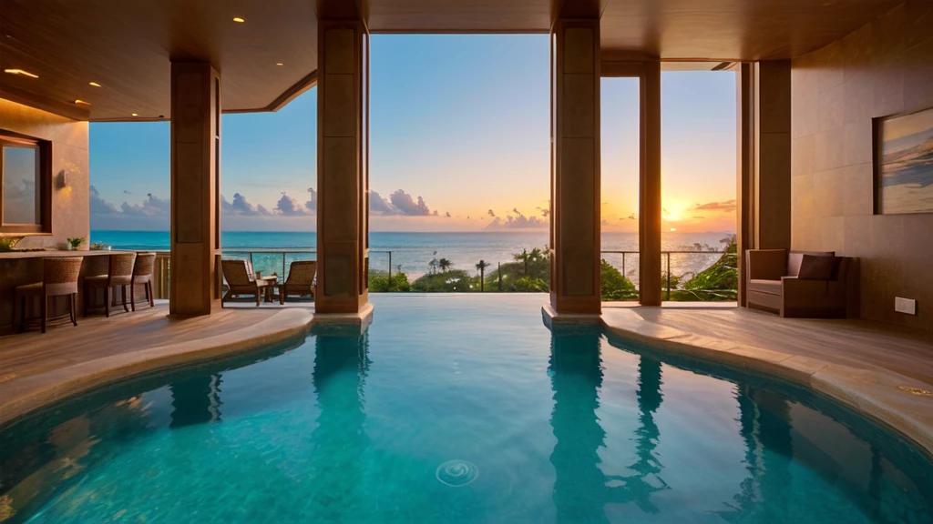 An exotic and luxurious resort,overlooking a stunning sunrise,beachfront property,majestic palm trees,crystal clear water,private villas with infinity pools,outdoor jacuzzi,spacious sun deck,panoramic ocean view,serene and tranquil atmosphere,luxurious spa treatments,world-class restaurants and bars,exclusive beach access,24-hour concierge service,premium amenities,meticulously designed interiors,elegant and modern architecture,impeccable attention to detail,seamless blend of nature and luxury,exquisite landscaping,artistic sculptures,impressive entrance,opulent furnishings and decor,illuminated pathways,golden hues of the sunrise,soft warm lighting,romantic ambiance,sensory indulgence,refined artwork,hint of tropical fragrance,unforgettable experience,premium quality,4k resolution,ultra-detailed,realistic portrayal,vibrant colors and textures,expertly captured lighting and shadows,photorealistic rendering,stunning visual effects.