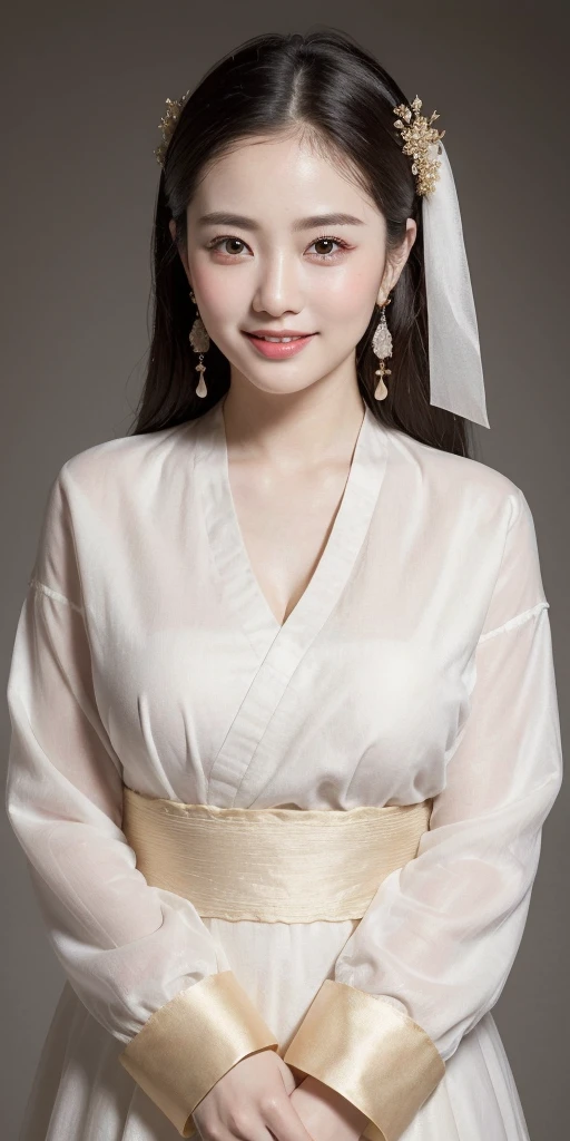 A beautiful girl with black hair， wearing traditional from the Tang Dynasty in China， is depicted as an elegant doll with exquisite facial features， full body portrait， white background， exquisite details， high definition photography style， and meticulous painting. She has big eyes， a cute double bun hairstyle， golden earrings， a gorgeous dress pattern on her chest， a yellow silk skirt， warm colors， soft lighting， and warm tones.,