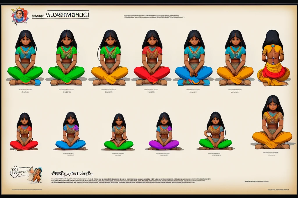 ((masterpiece)),(((best quality))),(character design sheet, same character, front, side, back), illustration, 1 girl, colorful illustrations an young Indian girl, sitting, standing, sideways, front back, sad, happy, multiple poses, same charecter