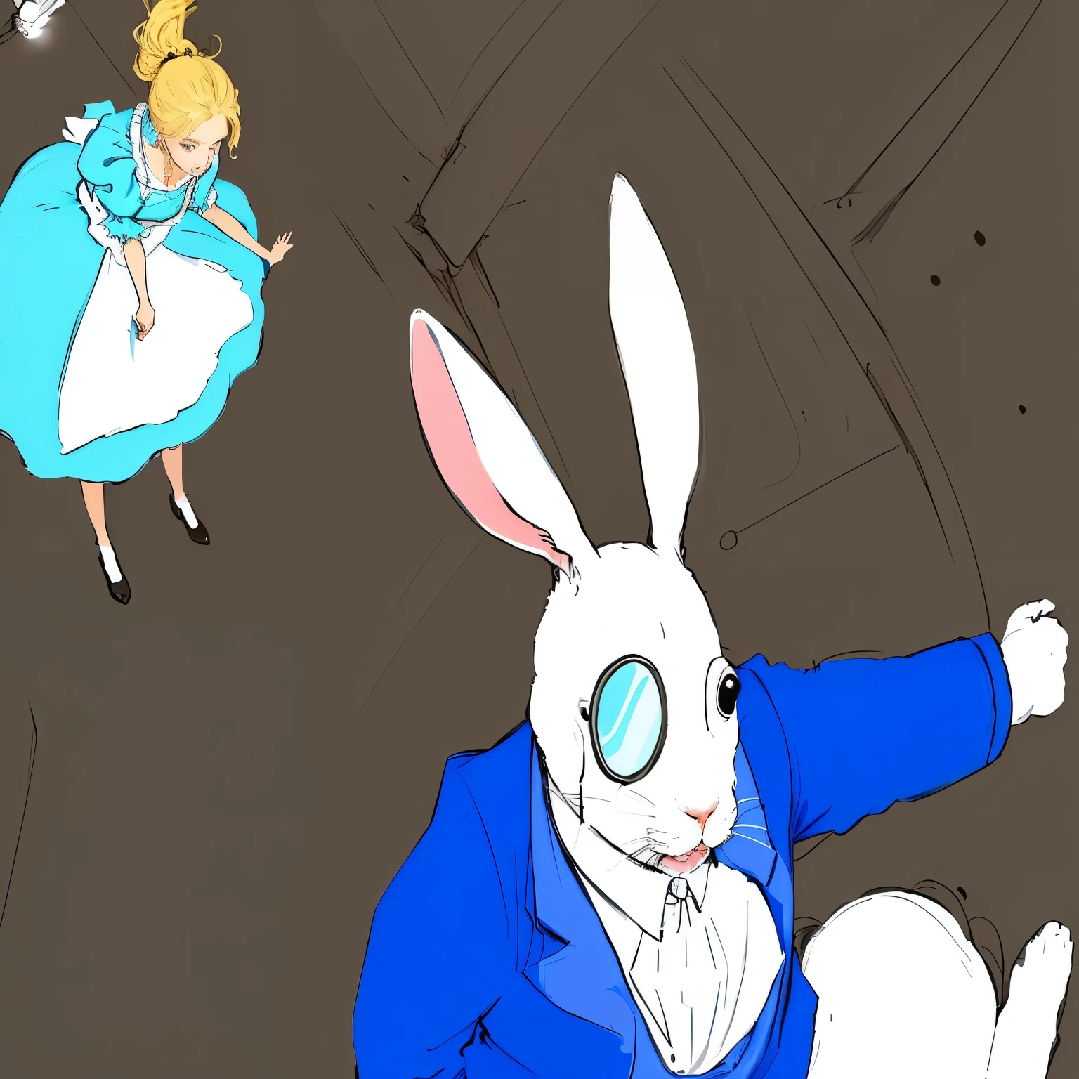 there are two rabbits in a blue suit and a White Rabbit in a blue suit, Alice goes down the rabbit hole, the White Rabbit, White Rabbit, Alice in Wonderland style, from Alice in Wonderland, Rags the thief bunny,, Alice in Wonderland, Draw with Microsoft Paint, like Alice in Wonderland, Alice in Wonderland, Rabbit in suit,A blonde girl,A blonde girl in a blue dress and white apron
