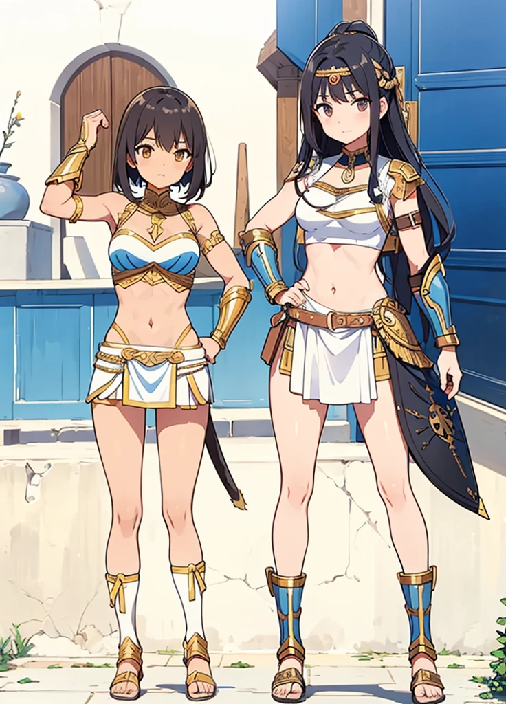a beautiful Greek warriors girls standing guard at a door, Greek warrior, girls ,tanned skin, tail cover ,brown skin, ancient Greece, classical Greece, black armor ,slim body, defined abdomen , warrior woman, l ight armor, black hair,