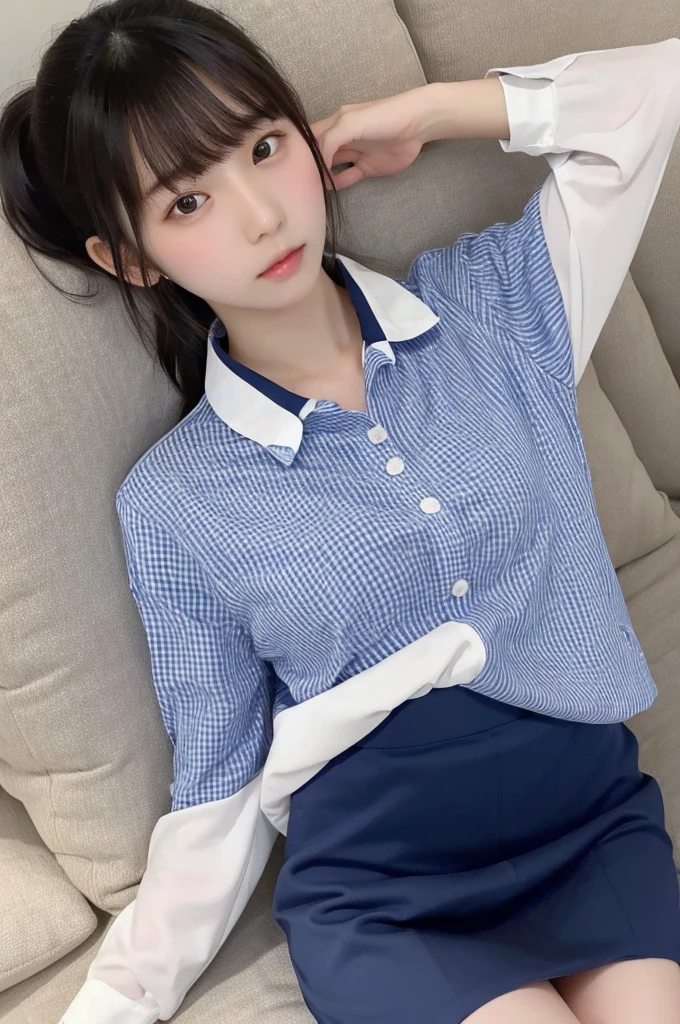 1 Girl, alone, Japanese girl, ,Bed at home、(Highest quality, Realistic, High resolution, 8K, Very detailed, Detailed face, Shiny skin), Japanese , Collared shirt, White shirt, Red ribbon, Black Hair, ragged bangs, ponytail,Gazing into the distance,Young face、Are thin、Slim figure、slender、Short、 System、((Lots of sweat))、Navy blue checked skirt、Nice thighs、Are sleeping、Lying on your back、Shot from above、