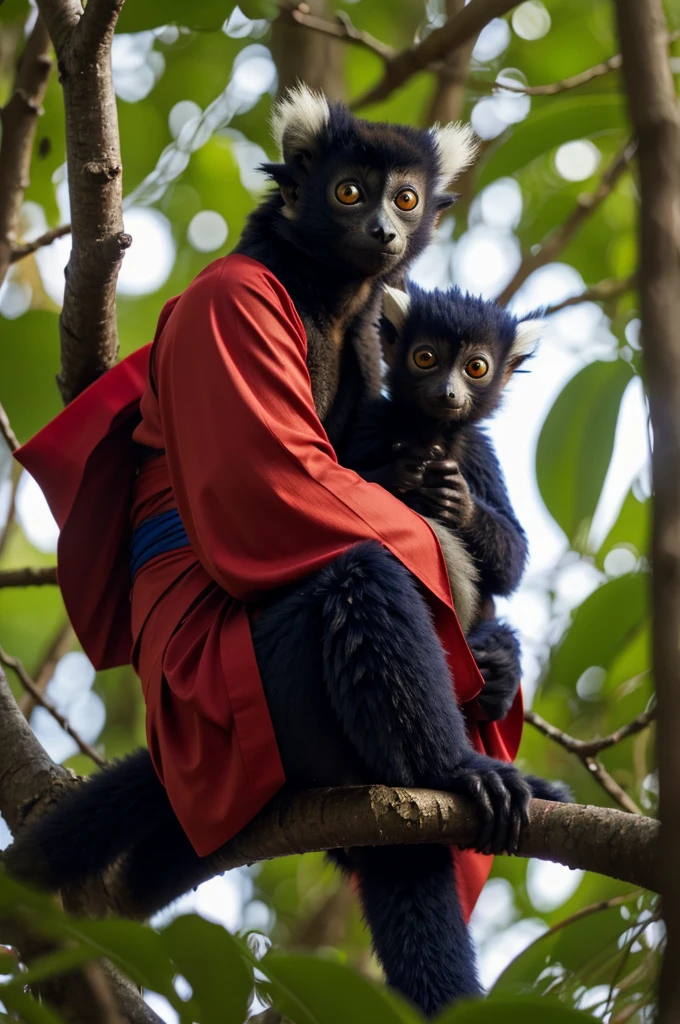 A smallish medium sized red ruffled lemur resting in a tree but he is wearing a dark red kimono,and blue hakama pants,and a forest background 