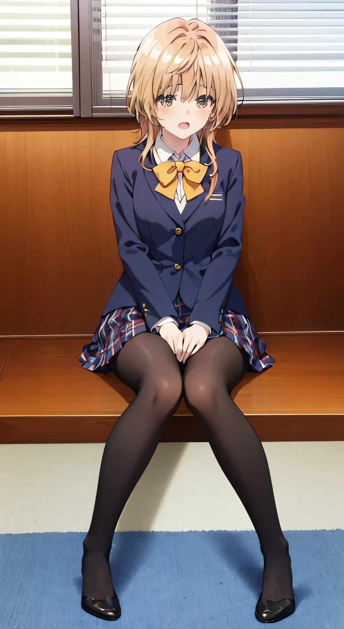 finest, masterpiece, High resolution, (Full body view from head to toe), Composition from the front and slightly below, symmetrical composition, Composition with accurate balance throughout the body、18 years old, slim and beautiful girl, alone, (small breasts), (not wearing shoes),messy hair, bangs, (black tights), (black pantyhose), (sitting on the floor with legs apart), (A pose in which the legs are spread apart on the bed), tied up with both arms hidden behind the back, (Composition showing white panties), (her legs spread、I can see white panties.), (Open mouth with a pained expression), blush, shy big eyes, looking at camera, blazer uniform, plaid pleated skirt