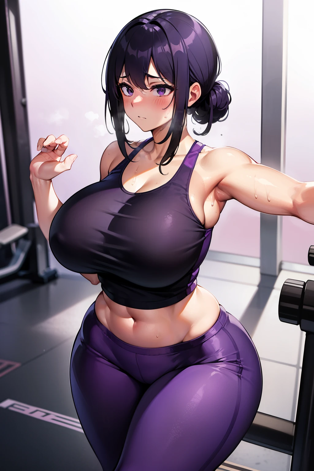 gym, workout, hot, hot, sweating, sweaty, tan, big , tan skin, flustered, blush, running in yogapants, running, hot pants, black hair,purple top, purple shirt, treadmill, running on treadmill, purple clothes clothes, see thru, purple pants, yoga pants,, on treadmill, (((inside gym))), curvy woman, huge , sexy, on treadmill, curvy woman, , solo woman, jogging, taking a jog, running, (((front view))) long pants, long yoga pants, purple shirt, purple top, purple pants, purple gym outfit, white gym, white background, gym, 
