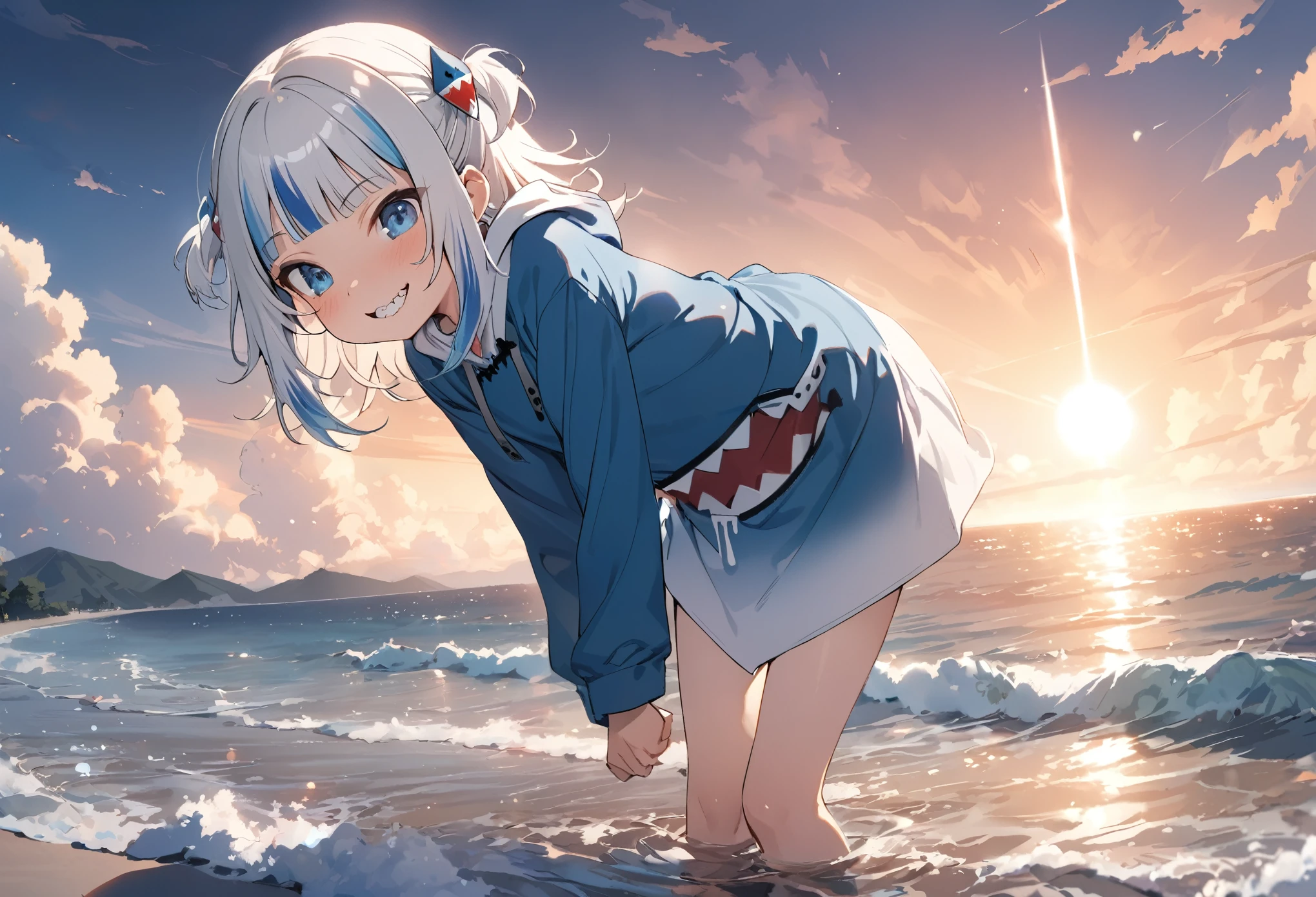 ((Gawr gura)), ((Masterpiece)), ((best quality)), (Anime:1.3), (super detail:1.2),(High Definition:1.3), (Professional Photography:1.2), Textured skin, cinematic lighting, (12 years old), (full body), 1girl, (Cute teenage beautiful Girl), beautiful eyes, ((looking at another)), (Beautiful daiamond eyes:1.5), Pale silver hair, outside curl hair, medium hair, ((jagged teeth)), naughty smile, (Open mouth wide), ((pure blue hoodie)), Slender body, small breasts, Beautiful small breasts, BREAK, ((best quality)), (super detail:1.2), (full body), ((paw pose)), (loose standing on the shoreline at dawn), cumulonimbus cloud, summer day, (super detail), (sharp focus), (perfect light), gawr gura,