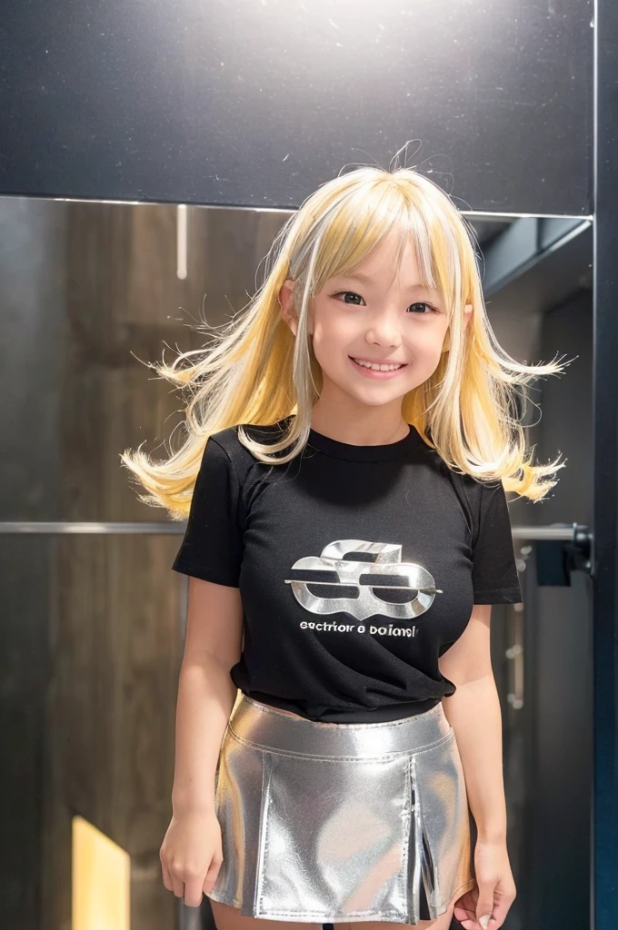 (beautiful micro girl:1.3),(future practice:1.4),( huge boobs:1.2) ,,(messy short glossy platinum yellow blond hair:1.3),(bangs:1.2)
(smile :1.2),(beautiful body:1.5),(silver mini skirt :1.4),(black big T-shirt:1.4),(big wide hip:1.5)