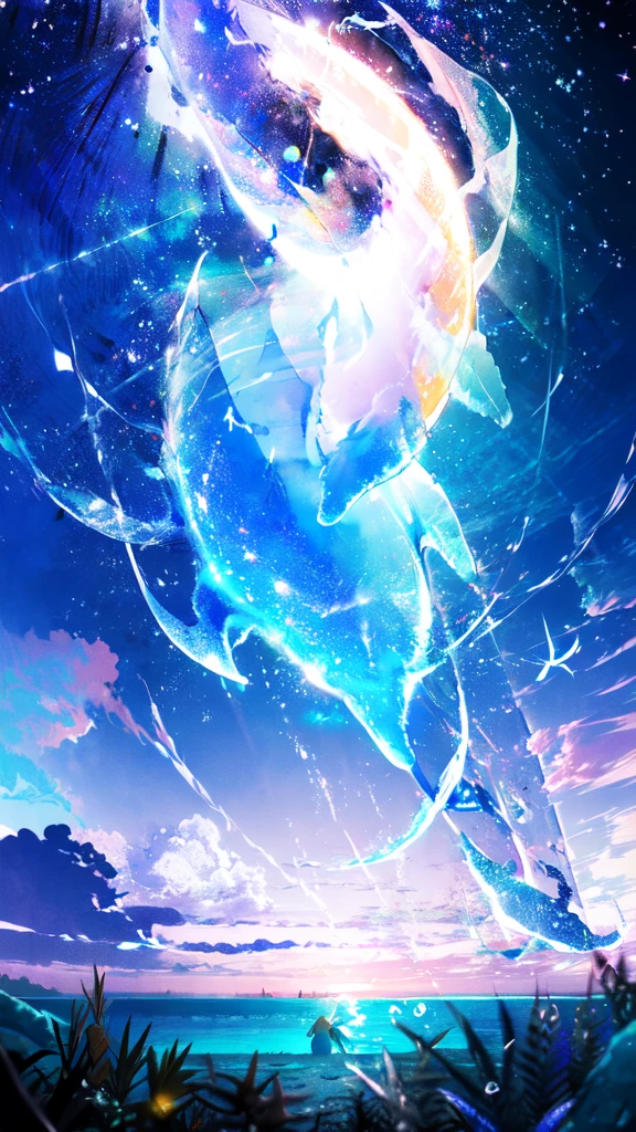 -scenery, 1girl, sky, Star (sky), Highest Resolution、whale, night, solo,Fine starry sky、 city lights, Starry sky, Fine bubbles、night sky, bubble, moon, watercraft, outdoors, short hair, ocean, cloud,coloured glaze,