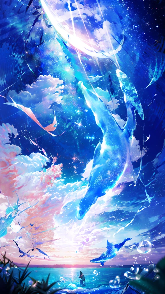 -scenery, 1girl, sky, Star (sky), Highest Resolution、whale, night, solo,Fine starry sky、 city lights, Starry sky, Fine bubbles、night sky, bubble, moon, watercraft, outdoors, short hair, ocean, cloud,coloured glaze,