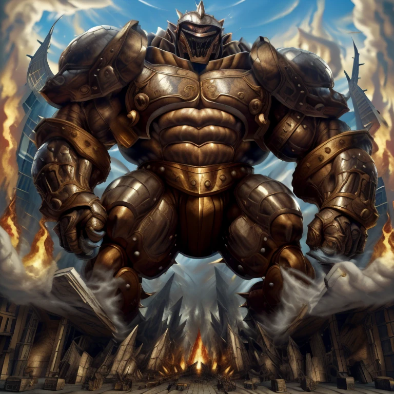 SOLO (masterpiece. official art. 8k. best quality. detailed full body. full body.)

(situation 1 : dominating Armored Flazzard. Armored Flazzard is over 1000 meters long. focus GIANT mechanical Muscular Armored Flazzard is trampling the city. Looking down. macro. stomp. Low-angle perspective. emphasizing the immense size.)

(situation 2 :smoke and flames rising from the destruction in the city)

(Additional details 1: real texture material. whole body shines like metal. emphasizes the muscles. suit fully made of metal.).

(Additional details 2: Detailed head. Detailed Body. Detailed abs. gigantic muscles. HYPER MUSCLES. Gigachad Muscular. big muscle. pecs. triceps. traps. unusually developed muscular body. body full of huge muscles. showing off muscles. pectorales enormes. Exaggeratedly huge muscles. huge muscles. long legs.).
(Additional details 3: Spread wings. It has wings. have big wings. The claws are sharp. Sharp teeth.).