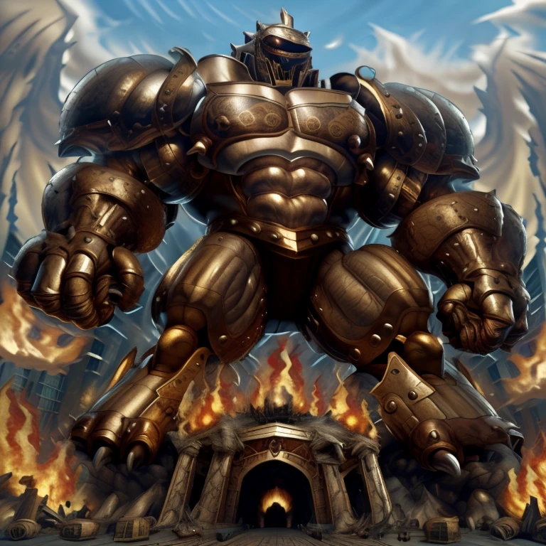 SOLO (masterpiece. official art. 8k. best quality. detailed full body. full body.)
(situation 1 : dominating Armored Flazzard. Armored Flazzard is over 1000 meters long. focus GIANT mechanical Muscular Armored Flazzard is trampling the city. Looking down. macro. stomp. Low-angle perspective. emphasizing the immense size.)
(situation 2 :smoke and flames rising from the destruction in the city)
(Additional details 1: real texture material. whole body shines like metal. emphasizes the muscles. suit fully made of metal.).
(Additional details 2: Detailed head. Detailed Body. Detailed abs. gigantic muscles. HYPER MUSCLES. Gigachad Muscular. big muscle. pecs. triceps. traps. unusually developed muscular body. body full of huge muscles. showing off muscles. pectorales enormes. Exaggeratedly huge muscles. huge muscles. long legs.).
(Additional details 3: Spread wings. It has wings. have big wings. The claws are sharp. Sharp teeth.).